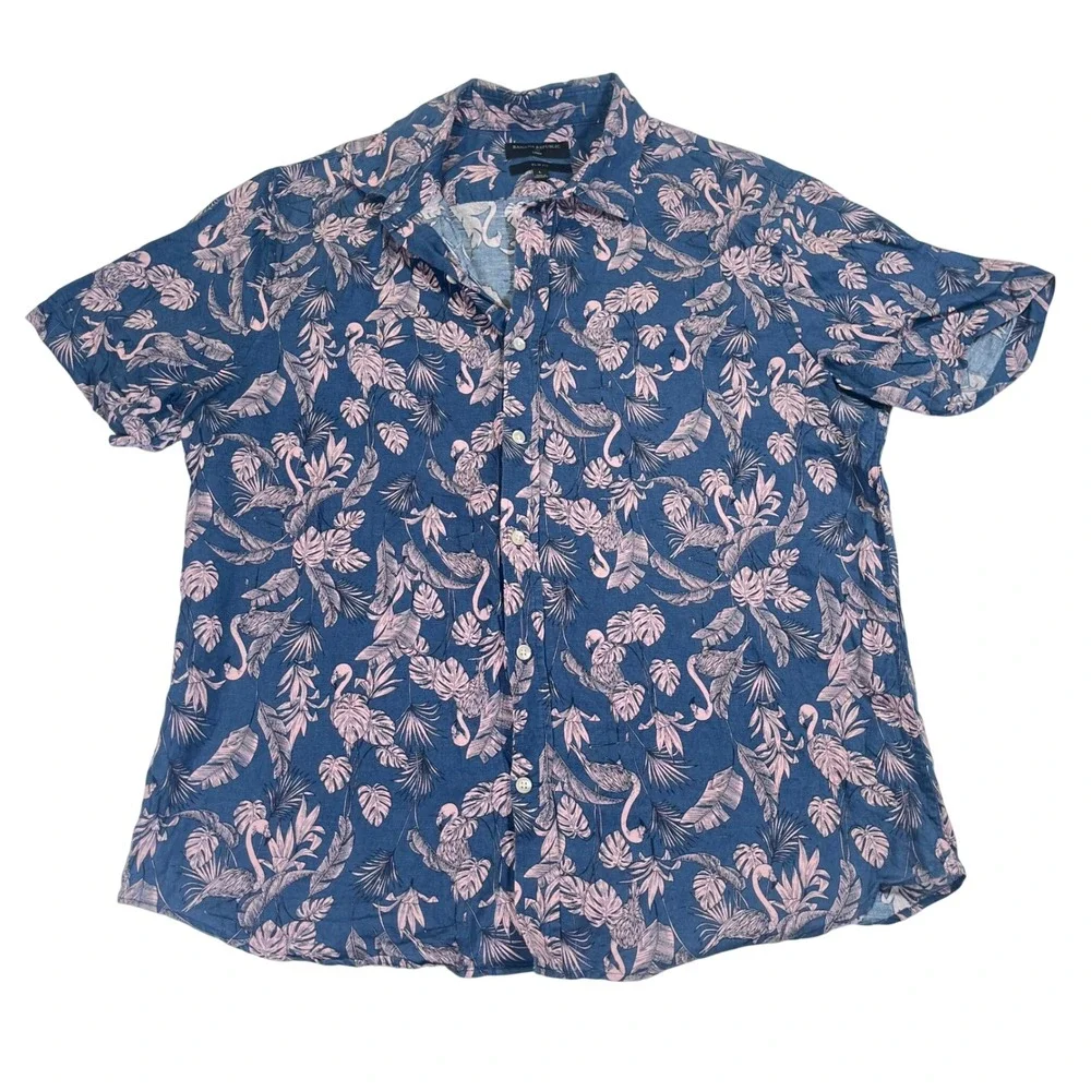 Banana Republic 100% Linen Shirt Blue Flamingo Tropical Coastal Beach Summer L